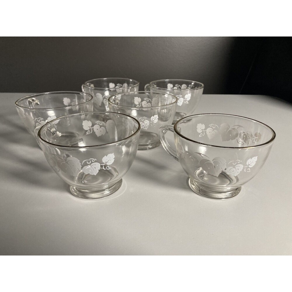 Anchor Hocking Glass Punch Cup Set (6) • White Grape Leaves • Gold Rim • Vintage